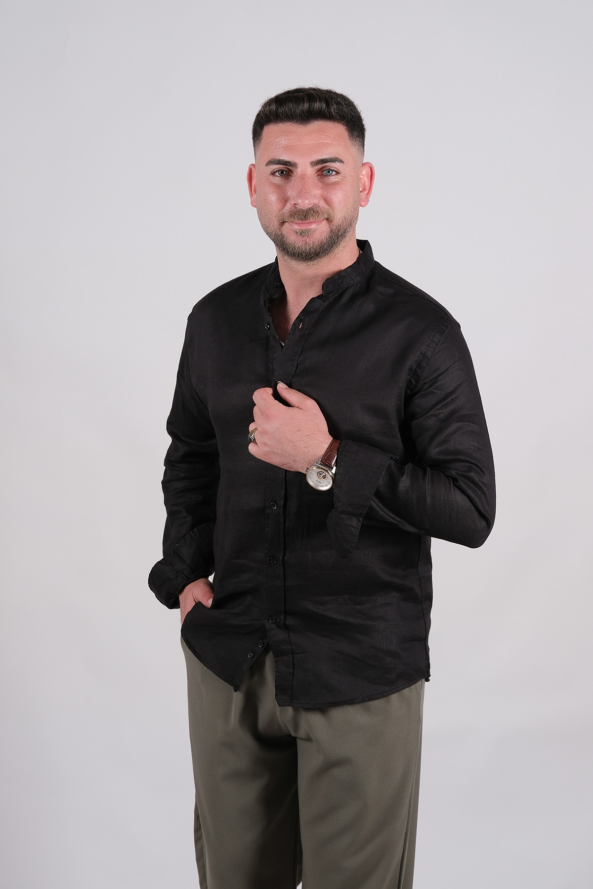 5252 UZUN KOL HAKİM YAKA KETEN SİYAH